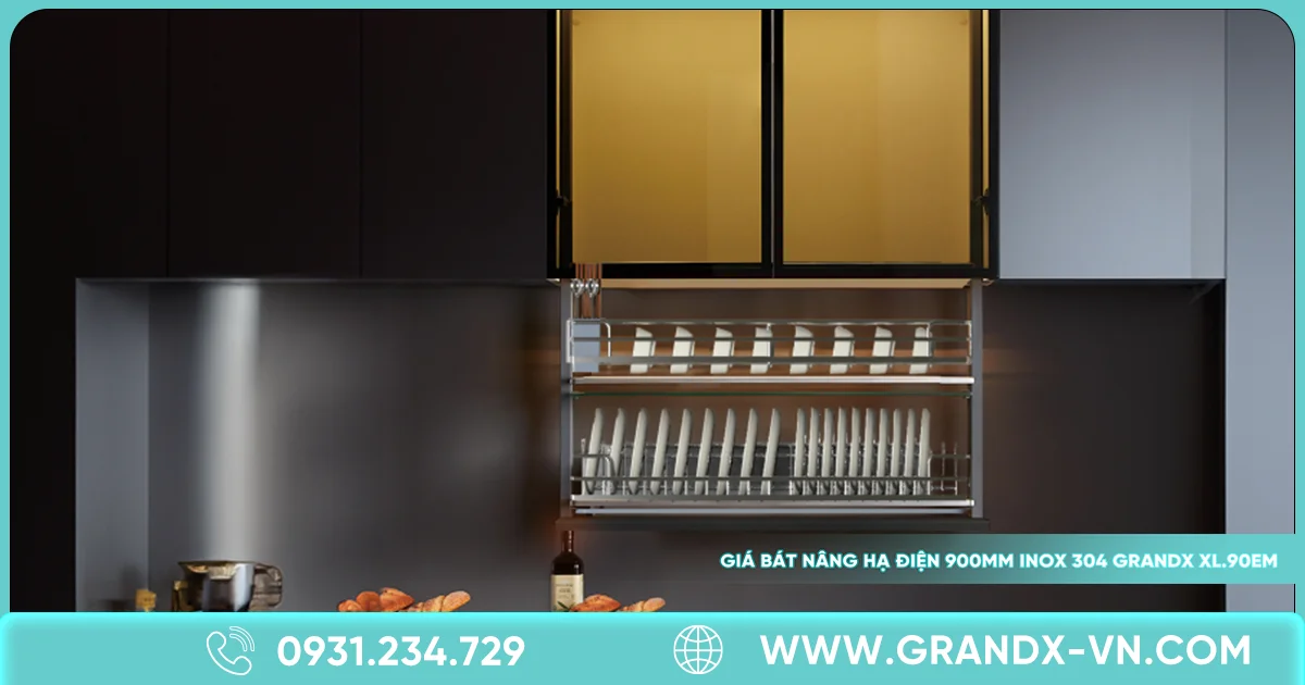 Nên dùng giá bát nâng hạ hay giá bát cố định? 2 Giá bát nâng hạ điện 900mm Inox 304 GrandX XL.90EM