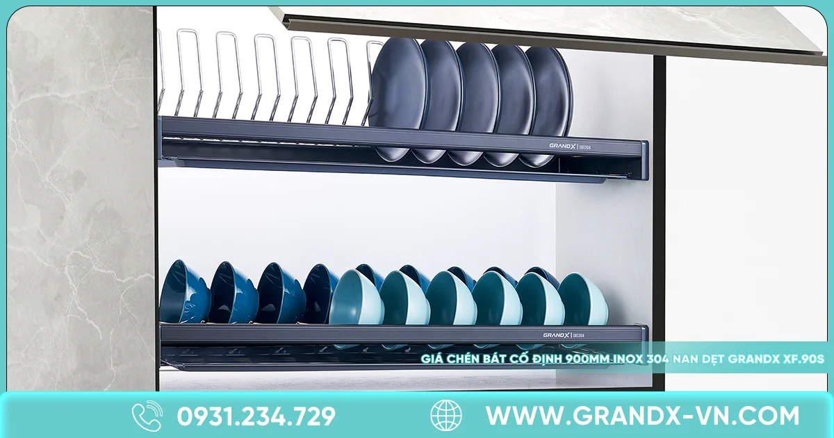 Nên dùng giá bát nâng hạ hay giá bát cố định? 1 Giá chén bát cố định 900mm Inox 304 nan dẹt GrandX XF.90S